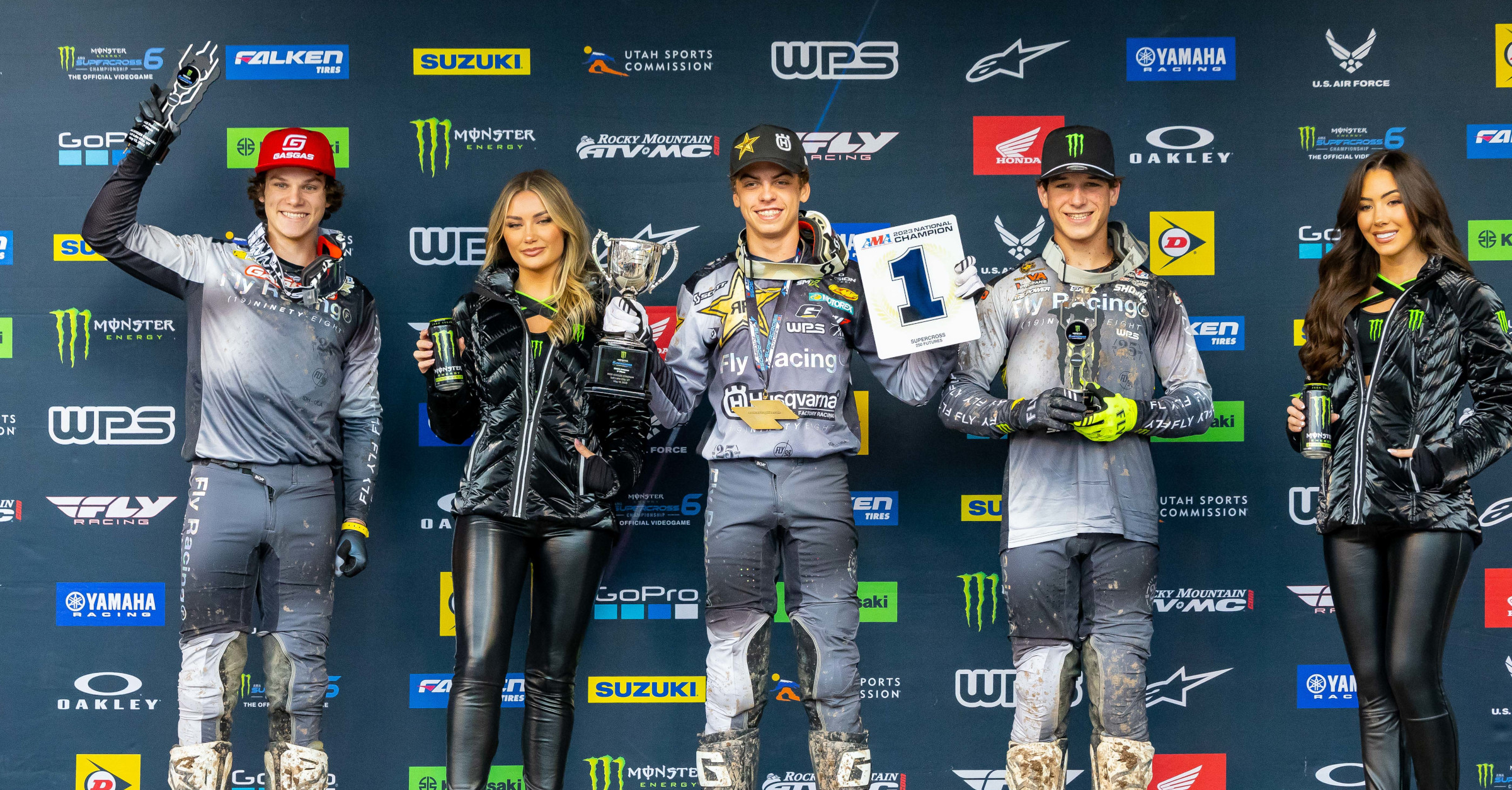 250SX Futures Class podium (riders left to right) Mark Fineis, Casey Cochran, and Parker Ross. Photo Credit: Feld Motor Sports, Inc.
